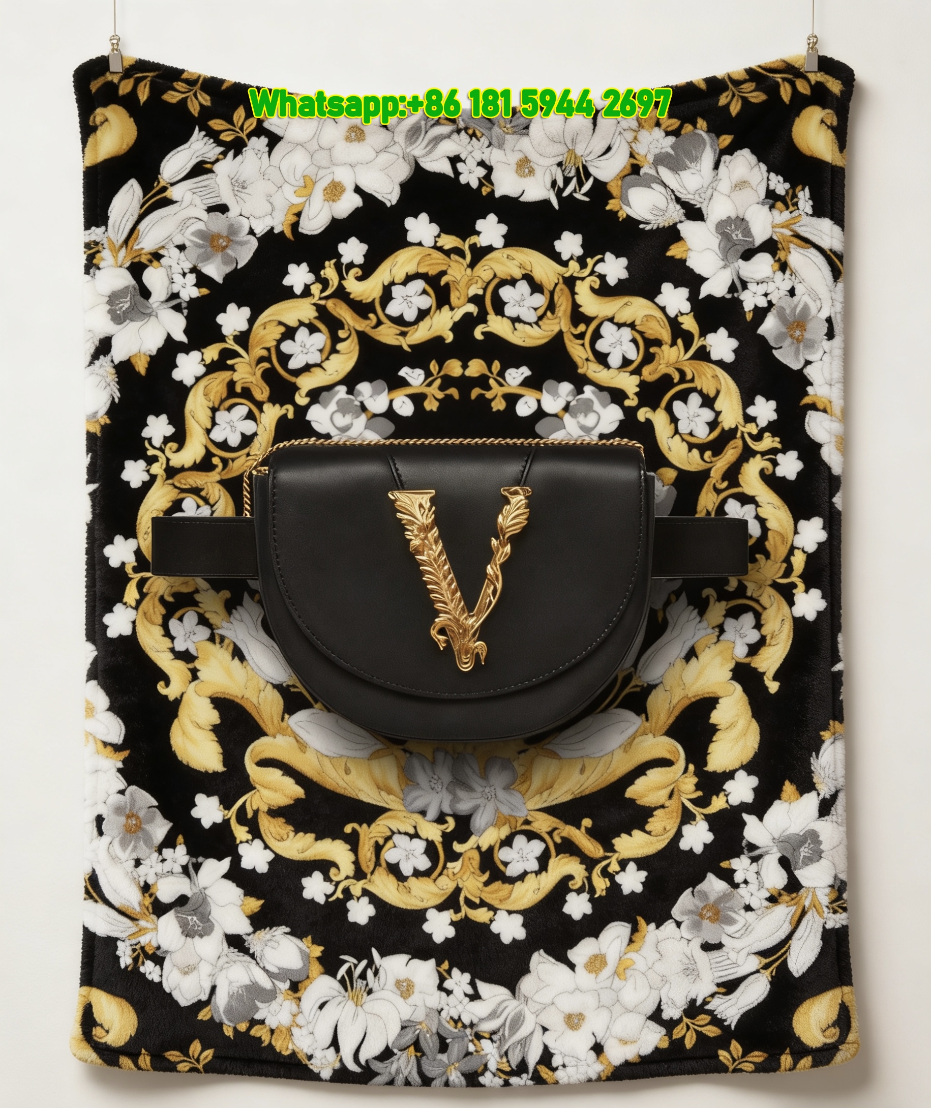 Versace V Logo Bag Floral Baroque Print Flannel Throw Blanket Luxury Black Gold and White Sofa Cover Blanket IMG_1534
